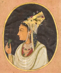 Ovaal portret van een vrouw in een Chaghtai-hoed, ca. 1740-50