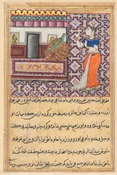 Pagina uit Verhalen van een papegaai Tuti-nama: Vijftigste nacht: De papegaai spreekt Khujasta toe..., ca. 1560