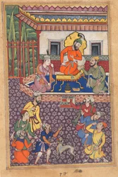 Pagina uit Verhalen van een papegaai Tuti-nama: Zesenveertigste nacht: Het hof van de Raja van Ujjain, ca. 1560