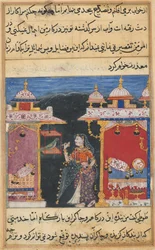 Pagina uit Verhalen van een Papegaai Tuti-nama: Zevende nacht: De papegaai spreekt Khujasta aan..., ca. 1560
