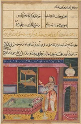 Pagina uit Verhalen van een Papegaai Tuti-nama: Zesde nacht: De papegaai spreekt Khujasta aan..., ca. 1560