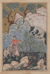 Pagina uit Verhalen van een papegaai Tuti-nama: Dertigste nacht: Een vrouw met twee kinderen..., ca. 1560