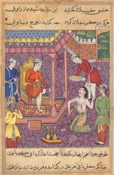 Pagina uit Verhalen van een papegaai Tuti-nama: Vijfendertigste nacht: De tovenaar vermomd..., ca. 1560