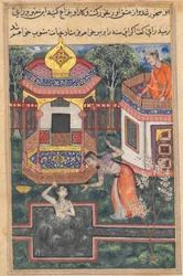 Pagina uit Verhalen van een papegaai Tuti-nama: Vijfendertigste nacht: De zoon van de koning van Babylon, ca. 156