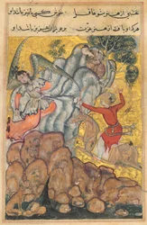 Pagina uit Verhalen van een papegaai Tuti-nama: Vierendertigste nacht: De derde vrijer..., ca. 1560