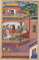 Pagina uit Verhalen van een papegaai Tuti-nama: Vierendertigste nacht: De drie jonge mannen