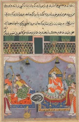 Pagina uit Verhalen van een papegaai Tuti-nama: Drieëntwintigste nacht: Kamjuy..., ca. 1560