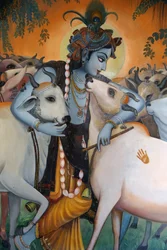 Schilderij van de hindoegod Krishna die koeien omhelst, India