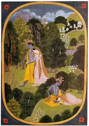 Schilderij van Radha en Krishna in een bosje