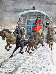Passage van de militaire coaches op het Baikalmeer, Siberië, Rusland, 20e eeuw