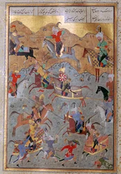 Perzische miniatuur van de slag tussen Alexander de Grote en Darius, 16e eeuw