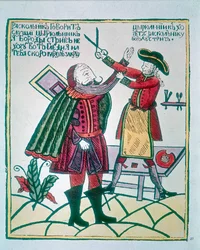 Peter I, de Grote 1672-1725, Tsaar van Rusland, snijdt de baard van een Boyar-edelman af