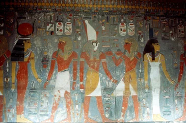 Farao Horemheb met de godin Isis en de god Horus, Oud-Egyptisch, 14e eeuw v.Chr.
