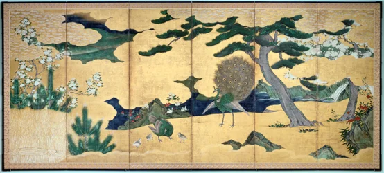Dennen en pauwen, Japanse Edoperiode, begin 17e eeuw
