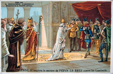 Paus Stefanus II pleit voor de veiligheid van Pepijn de Korte tegen de Lombarden, ca. 750 AD, 19e eeuw