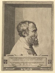 Portret van Michelangelo in profiel naar rechts binnen een nis