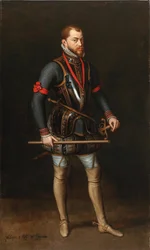 Portret van Filips II 1527-1598, Koning van Spanje, in harnas en met de Orde van het Gulden Vlies