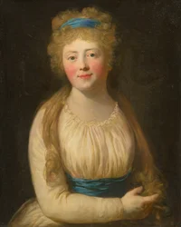 Portret van een vrouw in bleke kleding met een blauw lint in haar haar