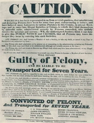Posters waarschuwen dat degenen die schuldig zijn aan illegale eden, gedeporteerd kunnen worden, 1834, 1934