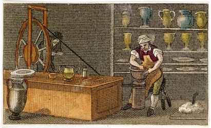 Pottenbakker aan het werk in de Wedgwoods Etruria-fabriek, Hanley, Staffordshire, c1830