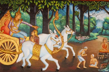 Preah Prom Rath Klooster Leven van de Boeddha Siddhartha Gautama en de vier tekenen van ouderdom, ziekte, dood en een kluizenaar, Siem Reap, Cambodja