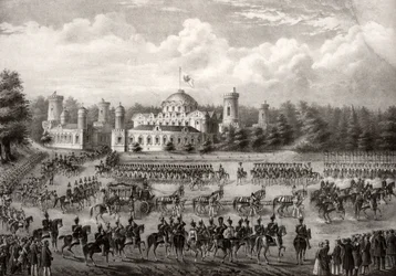 Processie van tsaar Nicolaas I naar de Dormitie Kathedraal vanuit het Petrovsky Paleis tijdens zijn kroning in 1825, 1826
