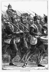 Pruisische soldaten op mars, Frans-Pruisische Oorlog, september 1870