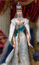 Koningin Alexandra in volledige kroningsgewaden