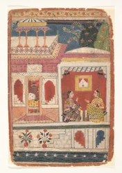 Radha en haar vertrouweling zitten in een open kamer: Blad uit een verspreide Rasikapriya, ca. 1680-90