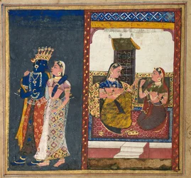 Radha en Krishna omhelzen elkaar, blad uit een Gita Govinda