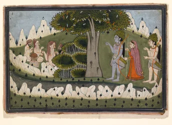 Rama, Sita en Laksmana in een landschap met asceten, ca. 1830
