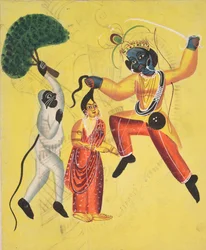 Rama en Hanuman, met een ontwortelde boom, redden Sita, 1800s