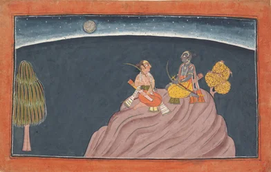 Rama en Lakshmana op de berg Pavarasana: Folio uit de Shangri Ramayana-serie, ca. 1690-1710