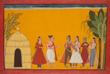 Rama en Sita worden naar de priester gebracht om de trouwdatum vast te stellen, pagina uit de Ramayana