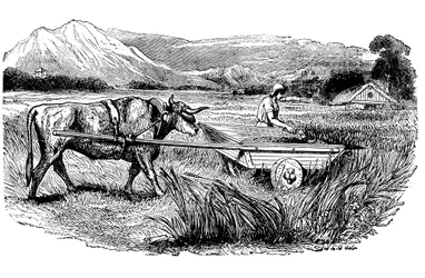 Reconstructie van Romeinse maaiwagen, zoals beschreven door Plinius, Gravure, 1860