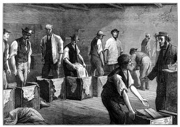 Het bijvullen van kisten in een theepakhuis, 1874