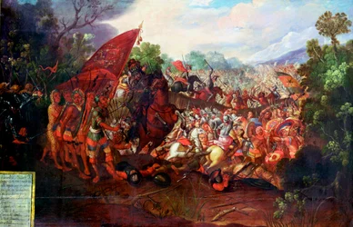 Terugtocht van Hernando Cortes uit Tenochtitlan, Mexico, 1520