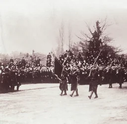 Terugkeer van de Belgen naar Luik, België, ca. 1914-1918