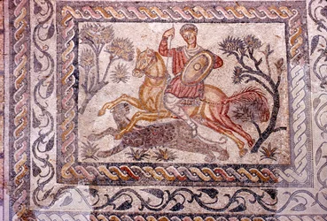 Romeins mozaïek van ruiter die een luipaard jaagt, Merida, Spanje, ca. 2e-3e eeuw