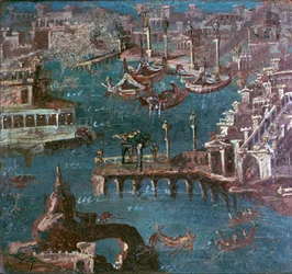 Romeinse muurschildering van een havenscène