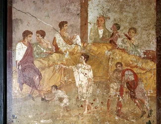 Romeinse muurschildering van een dinerfeest, Pompeii, Italië