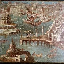 Romeinse muurschildering van een havenscène, Stabiae, nabij Pompeii, Italië