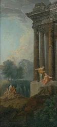 Romantisch landschap met antieke ruïne en staffage