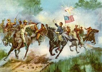 Rough Riders die een Spaanse buitenpost bestormen, Cuba, Spaans-Amerikaanse Oorlog, 1898