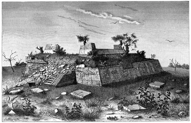 Ruïnes van de piramide treden van Xochicalco, Mexico, 1901