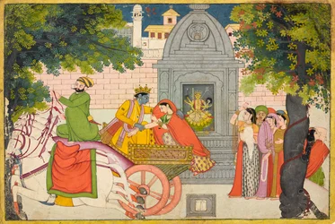 Rukmini vlucht met Krishna, folio uit een Bhagavata Purana