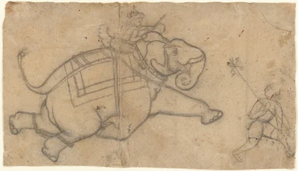 Rennende olifant recto, oefenblad met olifantschetsen verso, midden 18e eeuw