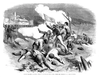 Russische soldaten schieten op een Engelse bootbemanning, onder bescherming van een witte vlag, 1855