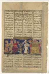 Rustam komt uit Kabul om eer te betuigen aan Kai Khusrau, Folio uit een Shahnama..., ca. 1330-40