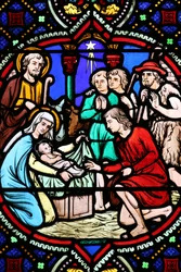 Heilig Hart kerk. Glas-in-lood raam. De Geboorte. Aanbidding van de Herders, Moulins